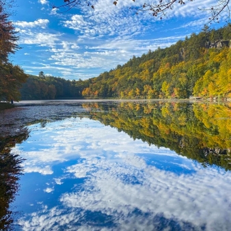 A serene pond nestled amidst lush trees and fluffy clouds, that are reflected in the still waters.